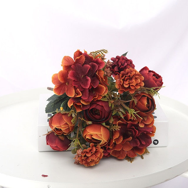 Rose Artificial Flowers High Quality Hydrangea Hybrid Bouquet Silk Fake Flower Autumn Decoration DIY Home Garden Wedding Decor
