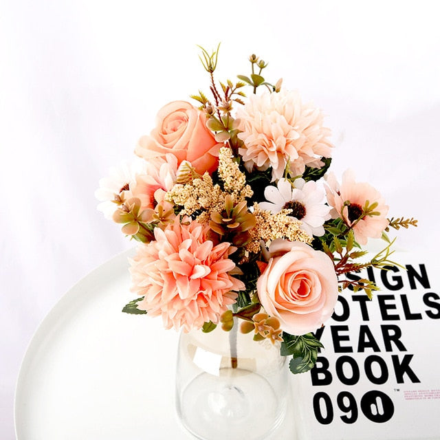 Artificial Flowers Rose lavender Hydrangea Daisy Autumn Hybrid Bouquet for Home Wedding Christmas Decor Fall Silk Fake Flower